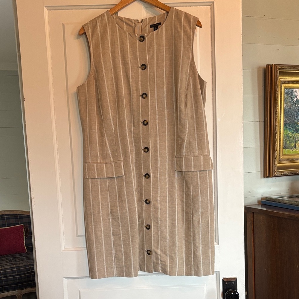 Ann Taylor Beige Striped Button-Down Dress